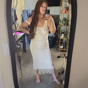 Chic One Shoulder Cream Fringe Dress